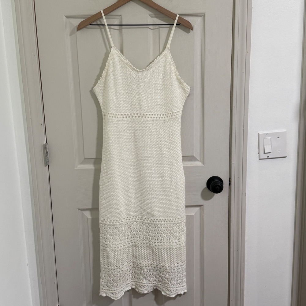 Crochet Midi Dress Women Medium White Boho Knit Beachy Boho Fairy Festival